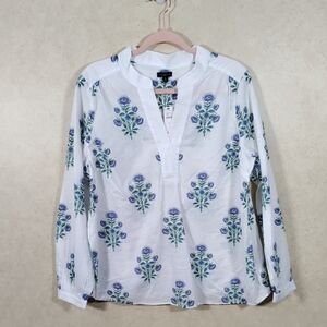 03137 Talbots white & blue Woodblock Blooms Popover blouse XL NWT